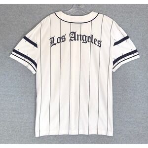 Primark Baseball Jersey Men Medium White Pinstripe Los Angeles LA Button Up READ